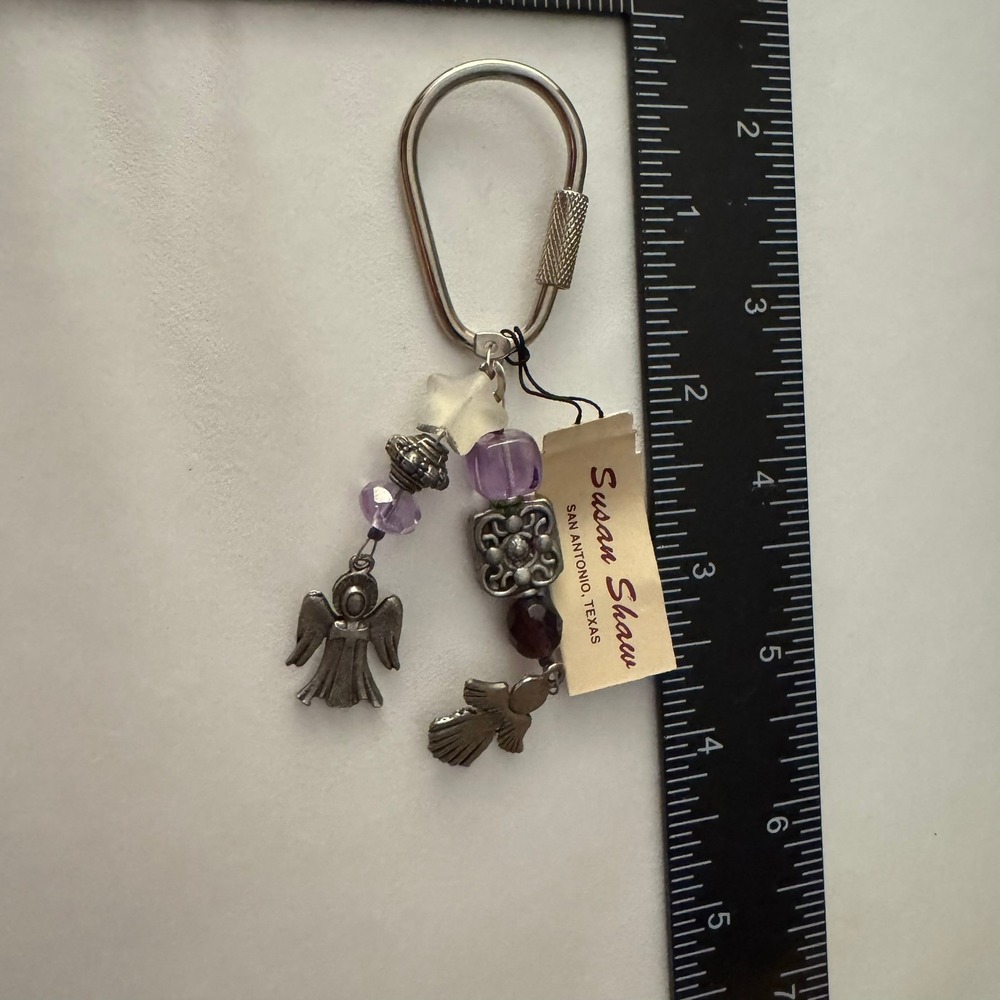Susan Shaw San Antonio Angel Charm Beaded Silver Keyring Keychain Angels